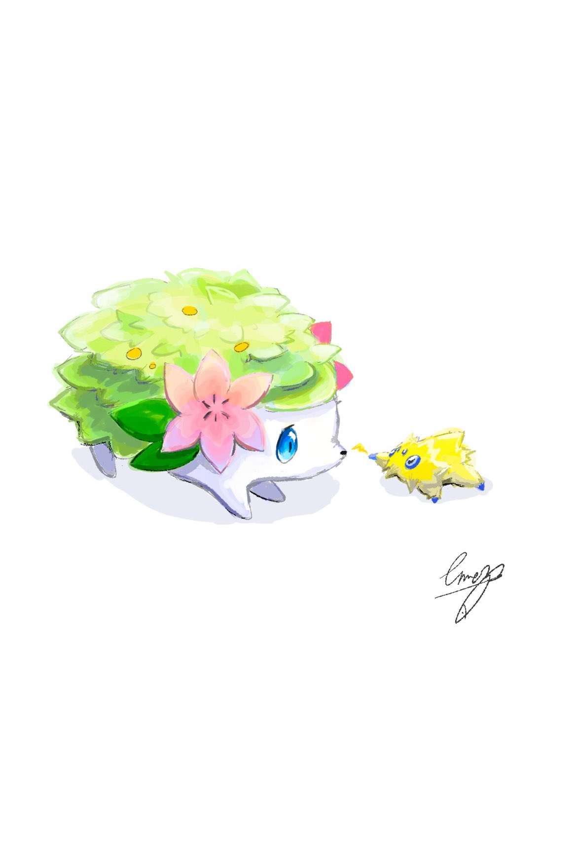 eme ko, joltik, shaymin, shaymin (land), nintendo, pokemon, highres, animal focus, blue eyes, bug, closed mouth, flower, full body, gen 4 pokemon, gen 5 pokemon, gracidea, hedgehog, legendary pokemon, mythical pokemon, no humans, pokemon (creature), pokemon focus, simple background, spider, white background, yellow fur