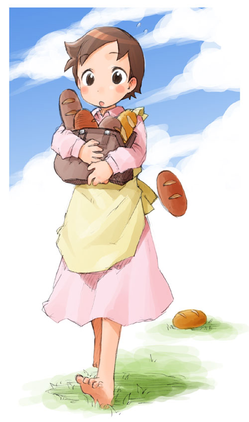 barasui, heidi (alps no shoujo heidi), alps no shoujo heidi, nippon animation, world masterpiece theater, 1970s (style), 1girl, apron, bag, barefoot, blush, bread, brown eyes, brown hair, child, cloud, day, dress, feet, female focus, food, full body, grass, loaf of bread, oldschool, open mouth, outdoors, pink dress, retro artstyle, short hair, simple background, sky, solo, walking, white background