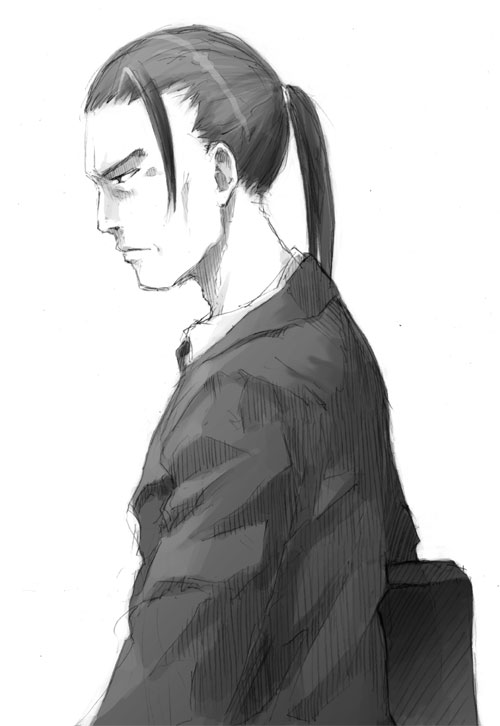 barasui, tagme, 1boy, greyscale, male focus, monochrome, sketch, solo