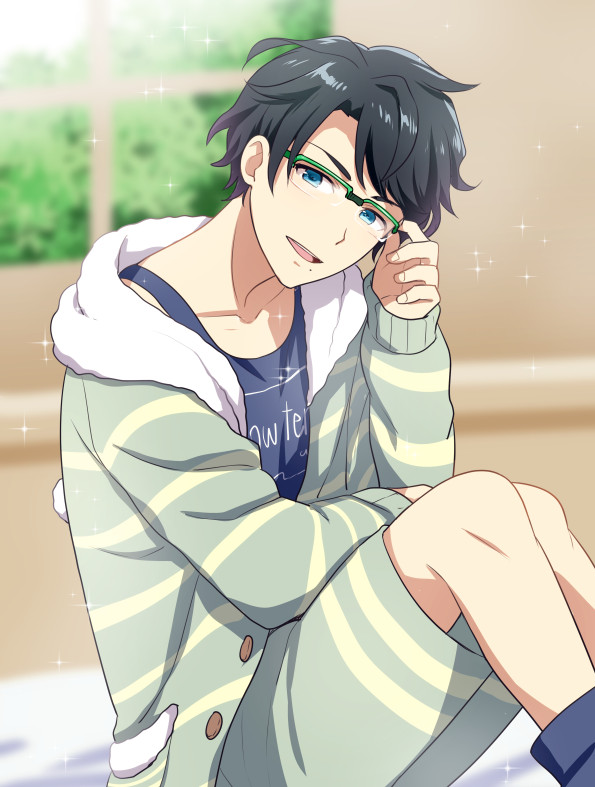 kikuchi mataha, dorifesu!, 1boy, adjusting eyewear, black hair, blue eyes, blurry, blurry background, coat, glasses, indoors, long sleeves, looking at viewer, loungewear, male focus, mole, mole under mouth, open clothes, open coat, over-rim eyewear, semi-rimless eyewear, shiina azuki, sitting
