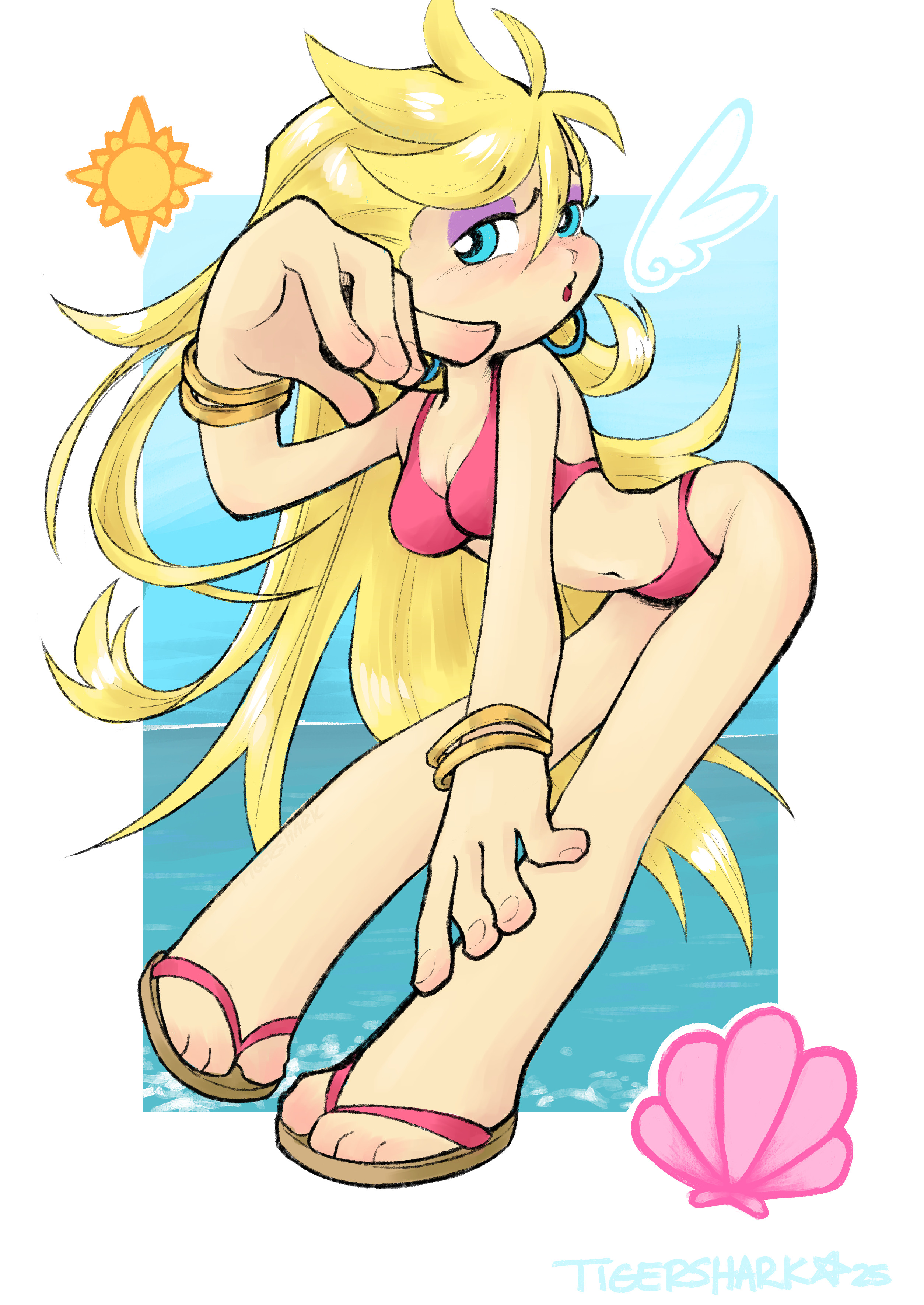 panty (psg), panty & stocking with garterbelt, absurdres, highres, angel wings, bikini, blonde hair, blue eyes, blush, border, bracelet, detached wings, earrings, eyeshadow, flip-flops, gold bracelet, happytigersharks, hoop earrings, jewelry, looking at viewer, makeup, pink bikini, purple eyeshadow, sandals, seashell, shell, swimsuit, water, white border, wings