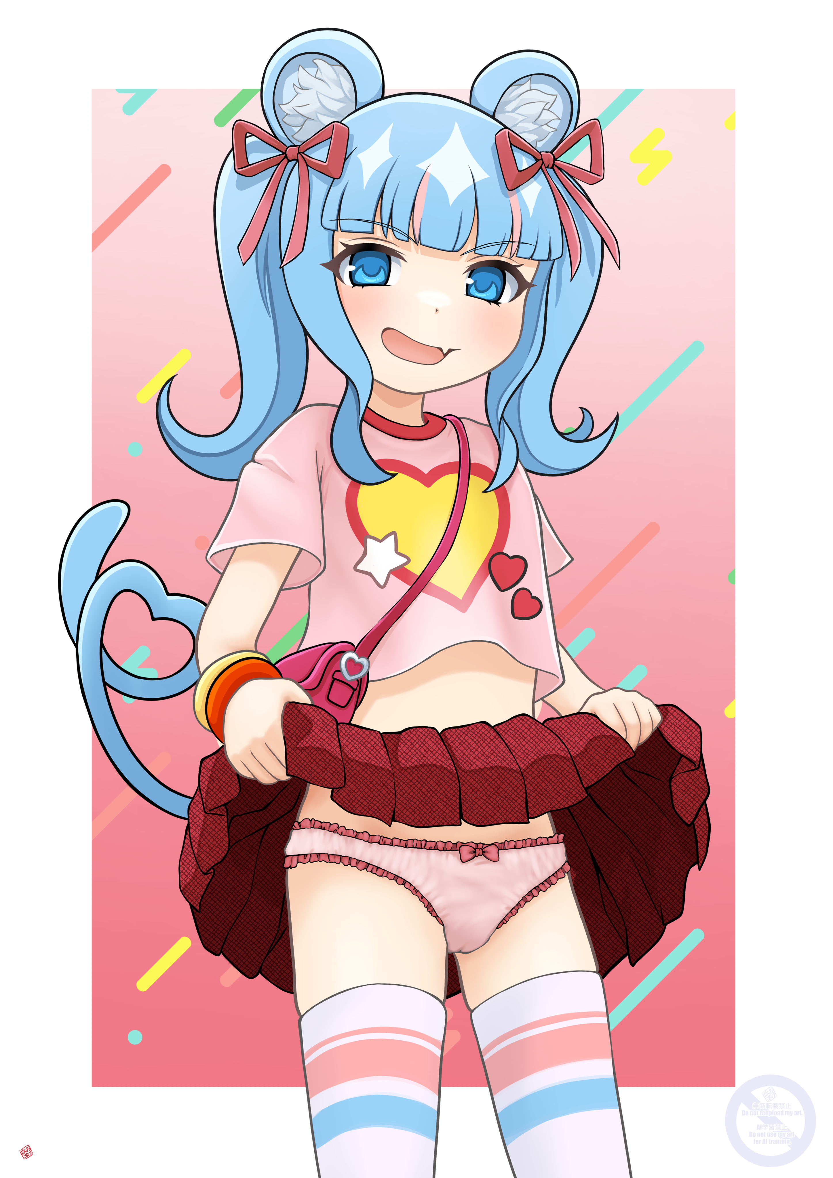 nao suke, original, absurdres, commentary request, commission, highres, skeb commission, 1girl, animal ear fluff, animal ears, bag, blue eyes, blue hair, border, bow, bow panties, clothes lift, cowboy shot, cropped shirt, fang, gradient background, hair ribbon, heart, heart tail, lifting own clothes, medium hair, miniskirt, open mouth, outside border, panties, pink bag, pink panties, pink shirt, pleated skirt, red ribbon, red skirt, ribbon, shirt, short sleeves, shoulder bag, skin fang, skirt, skirt lift, smile, solo, striped clothes, tail, thighhighs, twintails, underwear, white border