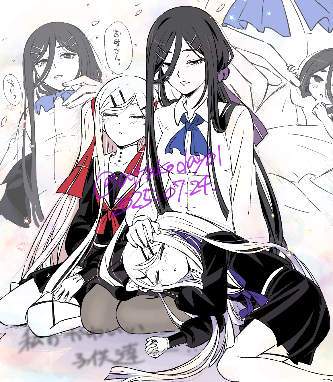 atyakodayo1, commentary request, highres, spoilers, translation request, 3girls, baby, black hair, blue ribbon, brown eyes, carrying, carrying baby, carrying person, closed eyes, collared shirt, finger grab, geminism, gloves, hair between eyes, hair ornament, hair ribbon, hair scrunchie, hairclip, half-closed eyes, hand on another's head, head on another's shoulder, headpat, hirosoma kikyou, hirosoma murasaki, hirosoma shinku, lap pillow, light blush, long hair, long sleeves, low ponytail, mother and daughter, multiple girls, multiple views, neck ribbon, pantyhose, partially colored, ponytail, purple ribbon, red ribbon, ribbon, school uniform, scrunchie, seiza, serafuku, shirt, siblings, sitting, sleeping, sleeping on person, swept bangs, twins, two side up, white hair