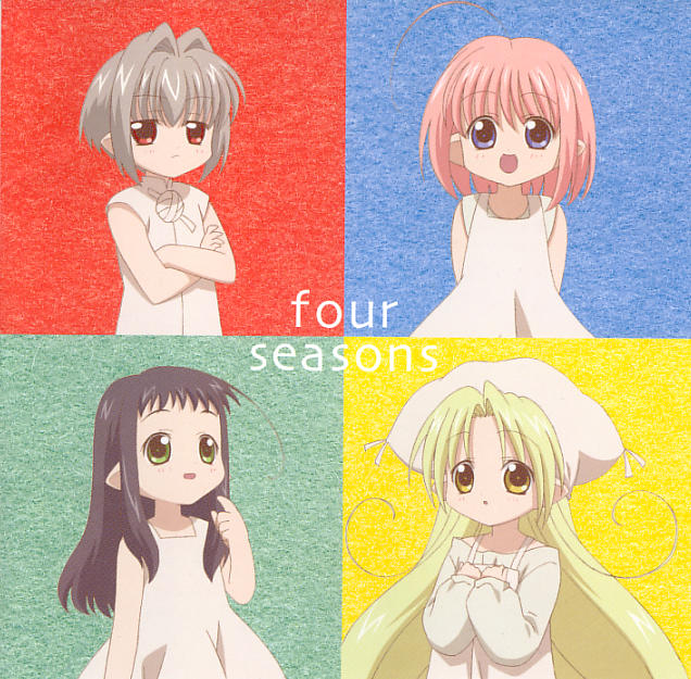 kururu (binzume yousei), chiriri (binzume yousei), hororo (binzume yousei), kururu (bottle fairy), sarara (binzume yousei), binzume yousei, 00s, 4girls, ahoge, arms behind back, autumn, elf, hat, multiple girls, pointy ears, spring (season), summer, winter