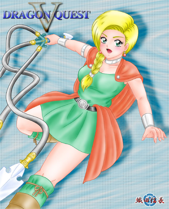 bianca (dq5), dragon quest, dragon quest v, 1girl, bad anatomy, blonde hair, blush, braid, cape, dress, green eyes, hair over shoulder, poorly drawn, single braid, whip