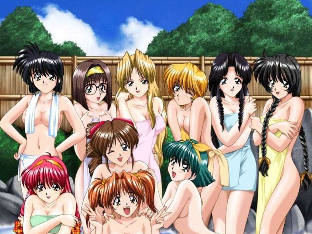 akazaki yasuma, akiyama kiyoka, amano misato, asakura natsuki, ito nanami, jinnai makoto, kawano kumi, matsuno yuki, sakura mai, shimizu ayumi, takaya keiko, tokimeki check in, breast hold, jpeg artifacts, 6+girls, adjusting hair, black hair, blonde hair, bow, braid, breasts, brown hair, censored, cleavage, convenient censoring, covering breasts, covering crotch, covering privates, day, drill hair, everyone, glasses, green hair, hair bow, hair ribbon, hairband, hands on own hips, happy, large breasts, long hair, medium breasts, multiple girls, naked towel, nude, nude cover, one eye closed, onsen, open mouth, orange hair, out-of-frame censoring, outdoors, ponytail, red hair, ribbon, short hair, smile, topless female, towel, twin braids, twintails, undressing, v, wink