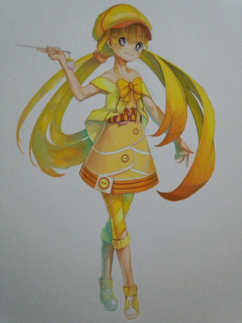ama2uma2, kakuna, nintendo, pokemon, gouache (medium), painting (medium), traditional media, 1girl, black eyes, blonde hair, bow, dress, full body, gen 1 pokemon, gradient hair, hat, multicolored hair, pantyhose, personification, pokemon (creature), shoes, smile, solo, standing, striped clothes, striped pantyhose, yellow bow, yellow dress, yellow hat, yellow shoes