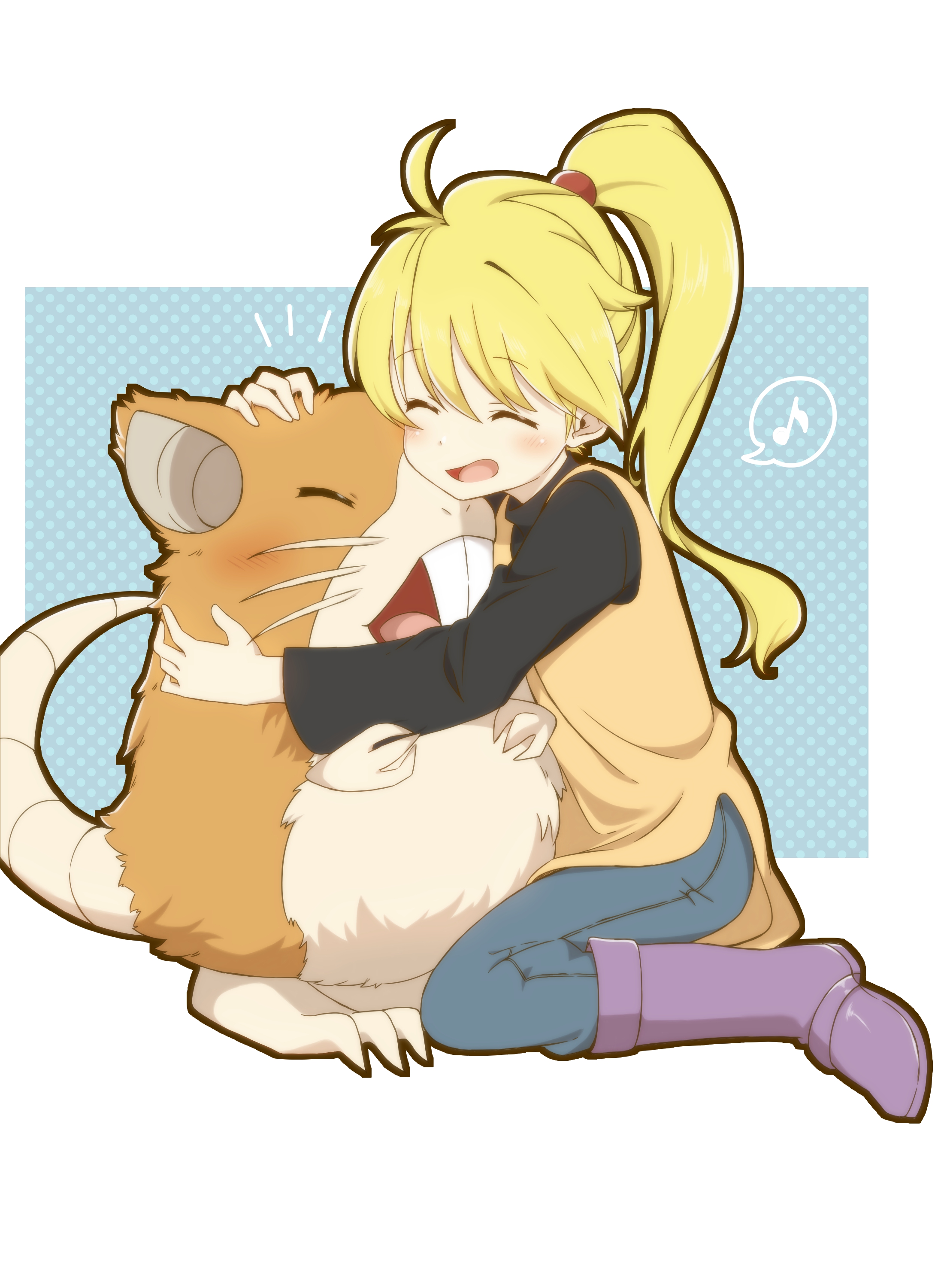 shigure (sigre), raticate, yellow (pokemon), nintendo, pokemon, pokemon adventures, absurdres, highres, 1girl, blonde hair, blush, boots, closed eyes, gen 1 pokemon, hug, mouse (animal), musical note, open mouth, pokemon (creature), ponytail, purple boots, sitting, spoken musical note, tail