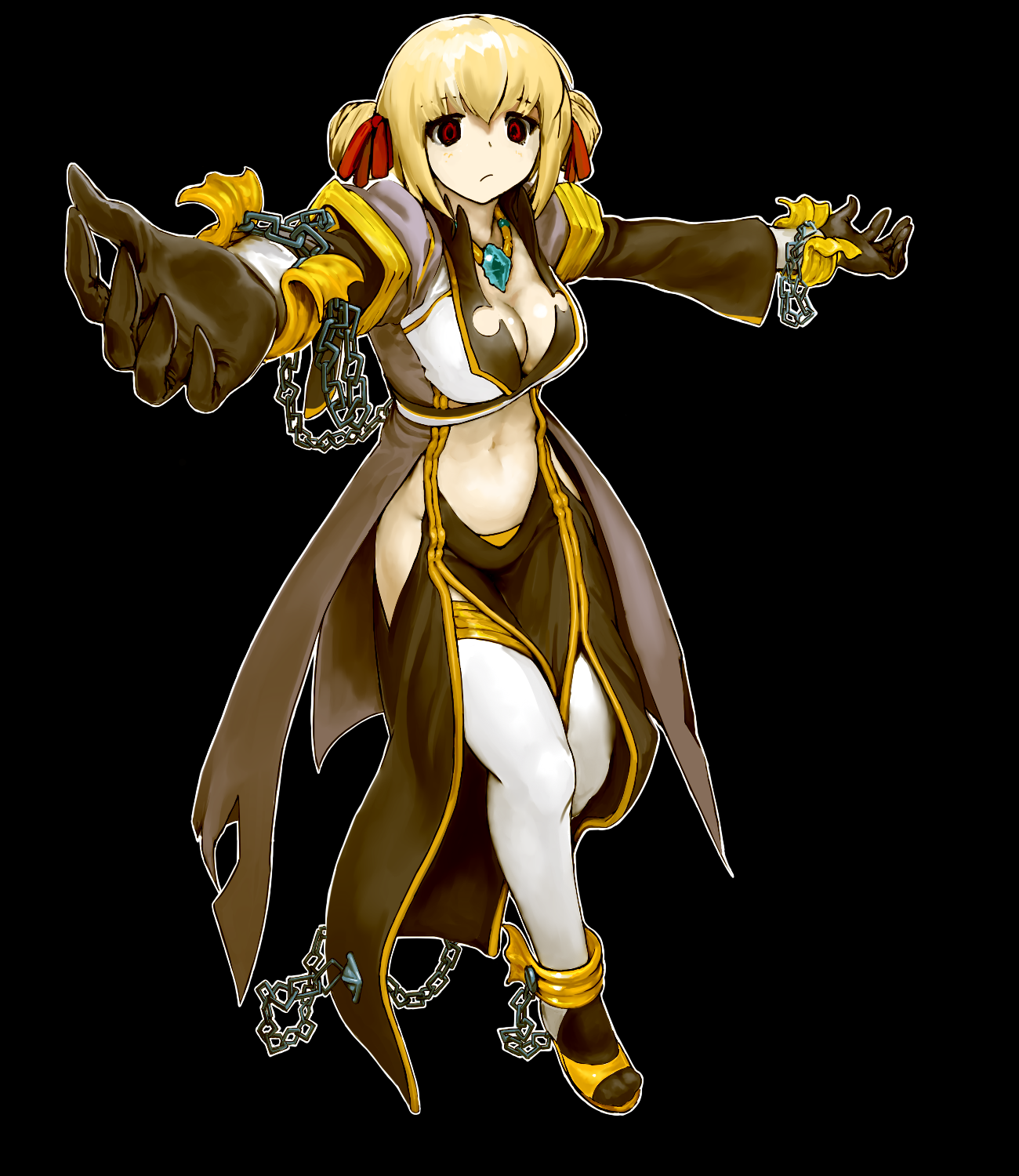 kathryne keyron, warlock (ragnarok online), ragnarok online, commentary request, highres, 1girl, black gloves, blonde hair, breasts, chain, cleavage, closed mouth, coat, crop top, double bun, expressionless, front slit, full body, gloves, grey coat, hair bun, jarun, looking at viewer, medium breasts, navel, open clothes, open coat, outstretched arms, pants, red eyes, red ribbon, ribbon, sandals, shirt, short hair, simple background, solo, spread arms, standing, suspenders, thighhighs, white shirt, white thighhighs, yellow sandals