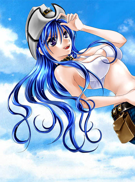 hanasakuraya, whitesmith (ragnarok online), ragnarok online, commentary request, 1girl, 2000s (style), bikini, bikini top only, blue hair, blue shorts, blue sky, breasts, cloud, cowboy hat, day, hand up, hat, large breasts, long hair, looking at viewer, medium breasts, open mouth, outdoors, purple eyes, shorts, sky, smile, solo, swimsuit, upper body, white bikini, white hat