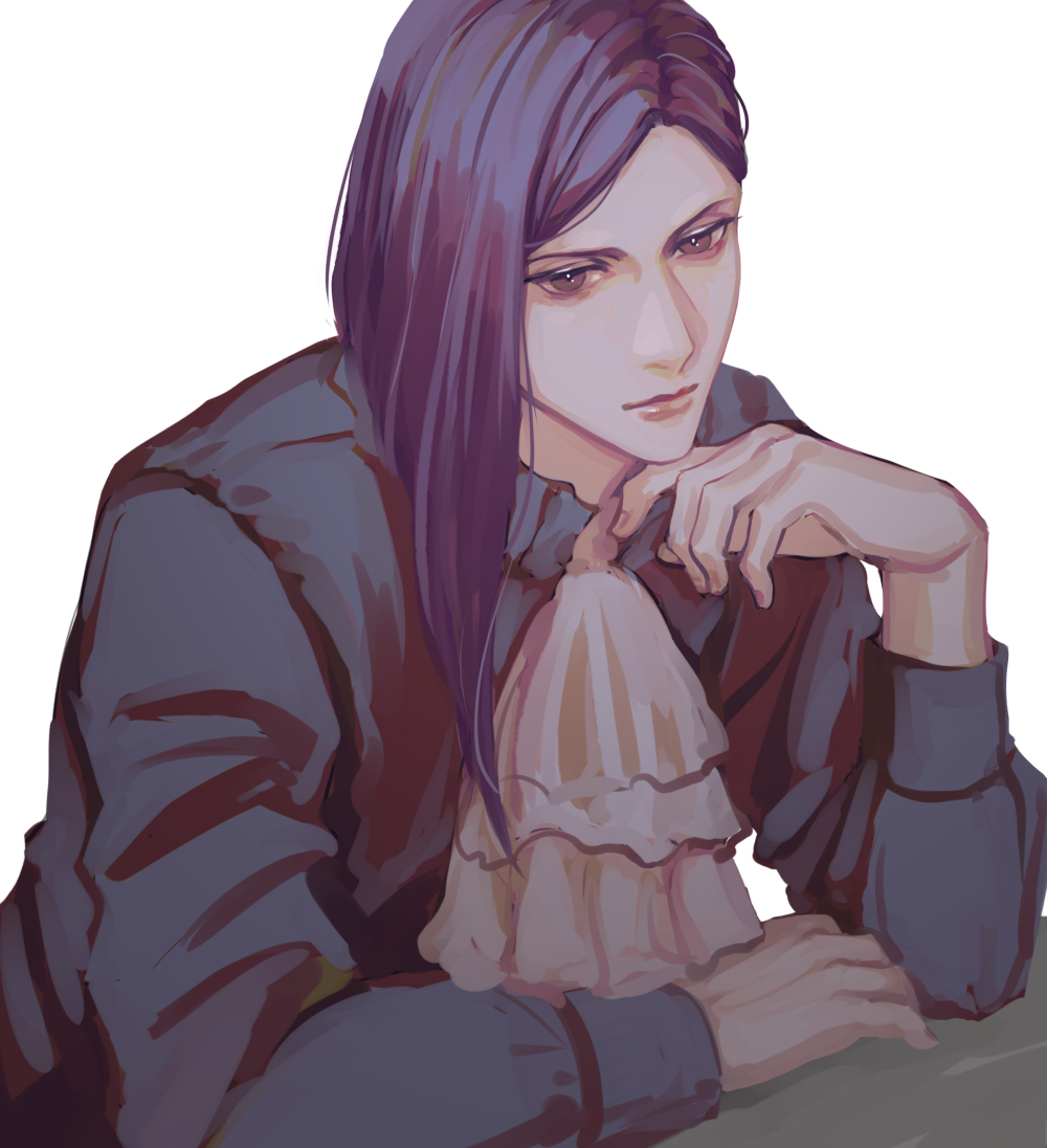 wh1tecookie, lorenz hellman gloucester, lorenz hellman gloucester (timeskip), fire emblem, fire emblem: three houses, nintendo, commentary, commentary request, 1boy, ascot, asymmetrical hair, black shirt, closed mouth, collared shirt, elbow rest, grey ascot, lips, long hair, long sleeves, male focus, palmar flexion, parted bangs, parted hair, purple eyes, purple hair, shirt, simple background, sleeve cuffs, solo, upper body, white background