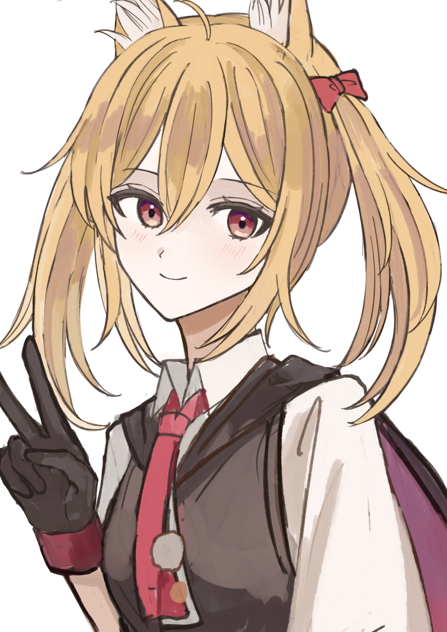udo (akn otk), sora (arknights), arknights, commentary request, highres, 1girl, animal ear fluff, animal ears, black cape, black gloves, black vest, blonde hair, blush, bolo tie, bow, cape, closed mouth, collared shirt, gloves, hair between eyes, hair bow, looking at viewer, purple cape, red bow, red eyes, shirt, short hair, simple background, smile, solo, twintails, two-sided cape, two-sided fabric, upper body, v, vest, white background, white shirt
