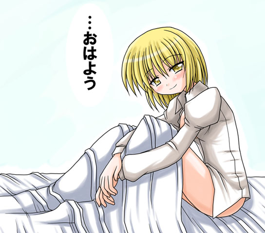 bococho, lunasa prismriver, touhou, translated, 1girl, blonde hair, bottomless, female focus, gradient background, shirt, short hair, smile, solo, white background, yellow eyes