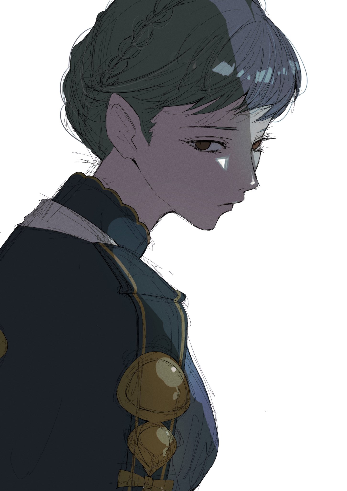 hk 539099410, marianne von edmund, marianne von edmund (timeskip), fire emblem, fire emblem: three houses, nintendo, commentary request, highres, 1girl, blue capelet, blue dress, braid, brown eyes, capelet, closed mouth, crown braid, dress, looking at viewer, short hair, simple background, solo, white background