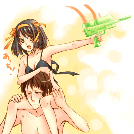 fujimura kyuu, kyon, suzumiya haruhi, suzumiya haruhi no yuuutsu, lowres, 00s, beach, bikini, brown eyes, brown hair, carrying, short hair, shoulder carry, swimsuit, water gun