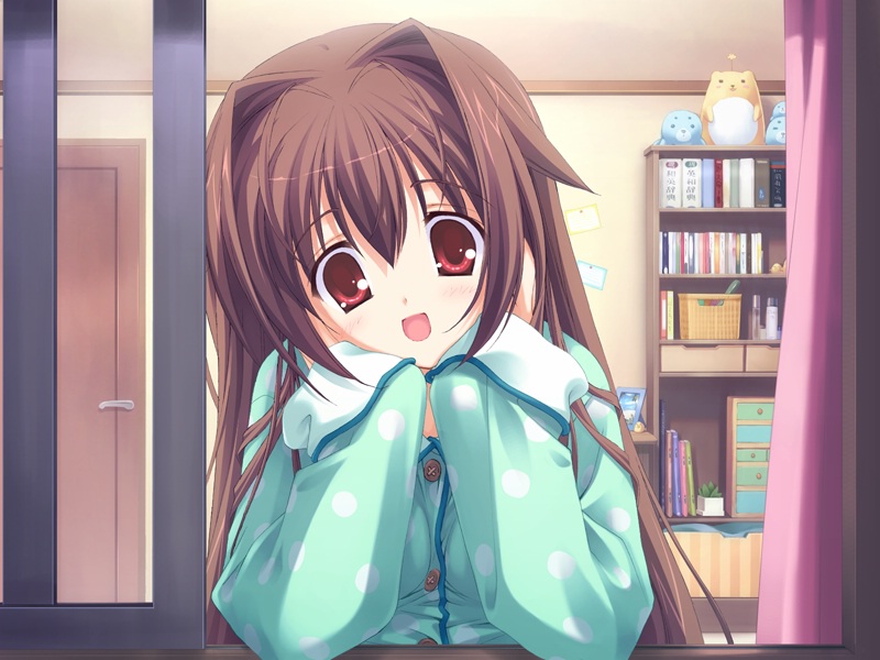 kobuichi, nakanoshima tae, bra-ban!, game cg, 1girl, arm support, blush, brown hair, female focus, hands on own face, head rest, long hair, open mouth, pajamas, polka dot, polka dot pajamas, red eyes, smile, solo, tareme