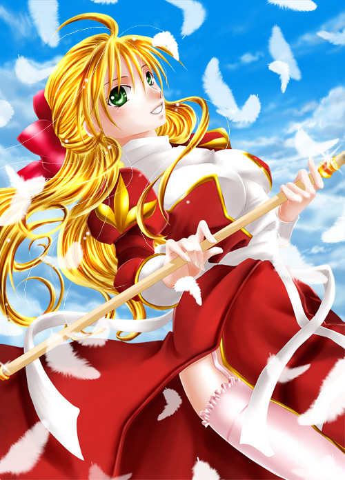 hanasakuraya, high priest (ragnarok online), ragnarok online, commentary request, 1girl, 2000s (style), ahoge, blonde hair, blue sky, blush, bow, breasts, cloud, cowboy shot, day, dress, feathers, green eyes, grin, hair bow, holding, holding staff, juliet sleeves, long hair, long sleeves, looking at viewer, medium breasts, outdoors, puffy sleeves, red bow, red dress, sky, smile, solo, staff, thighhighs, two-tone dress, white dress, white thighhighs