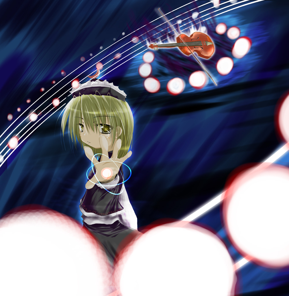 lunasa prismriver, touhou, 1girl, danmaku, female focus, hat, instrument, skirt, solo, violin