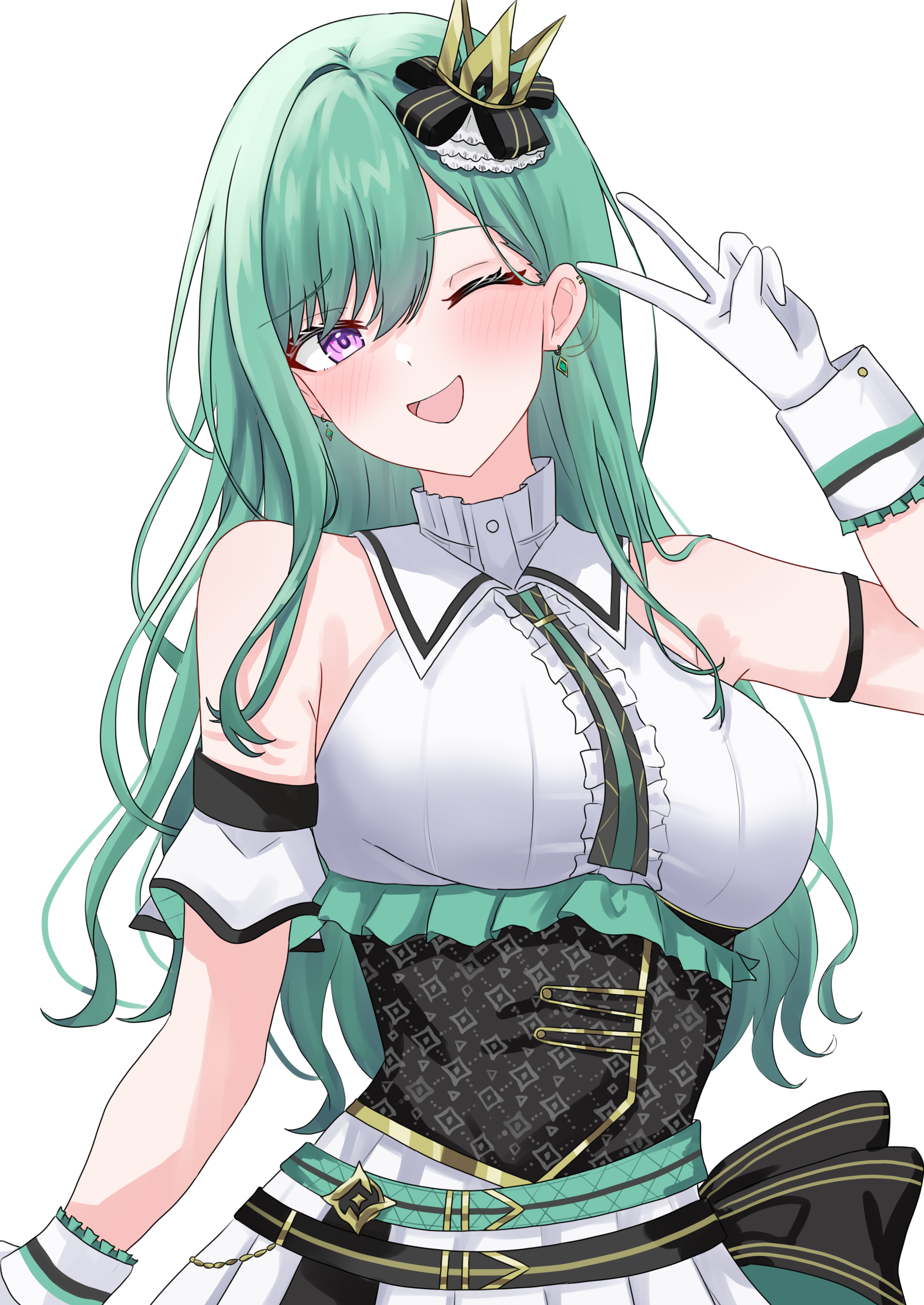 akue, yakumo beni, vspo!, absurdres, commission, highres, pixiv commission, 1girl, alternate costume, armpit crease, bare shoulders, black corset, center frills, corset, crown, dress, earrings, frills, gloves, green hair, head tilt, idol clothes, jewelry, long hair, mini crown, one eye closed, open mouth, parted bangs, purple eyes, shoulder strap, simple background, sleeveless, sleeveless dress, solo, upper body, v, virtual youtuber, white background, white dress, white gloves, wrist cuffs