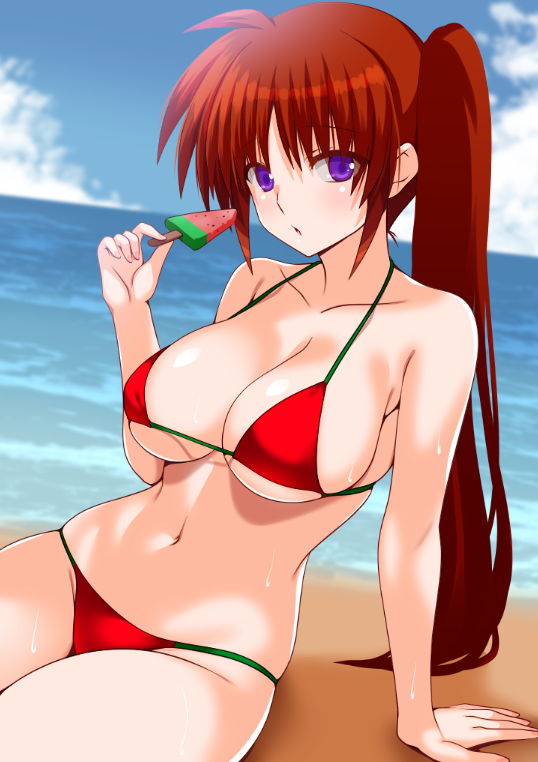 engo (aquawatery), takamachi nanoha, lyrical nanoha, mahou shoujo lyrical nanoha strikers, commentary request, 1girl, arm support, beach, bikini, breasts, brown hair, cleavage, food, holding, holding food, holding popsicle, large breasts, long hair, navel, ocean, popsicle, purple eyes, red bikini, sitting, solo, swimsuit, thighs, very long hair, water
