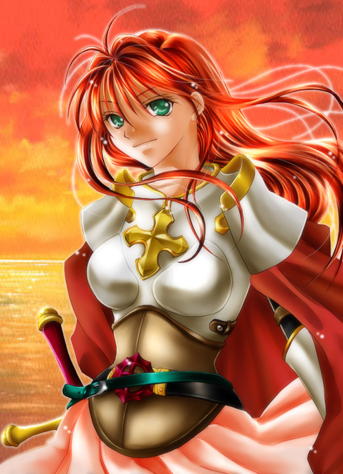 hanasakuraya, lord knight (ragnarok online), ragnarok online, commentary request, 1girl, 2000s (style), armor, belt, black belt, boobplate, breastplate, cape, closed mouth, cowboy shot, cross, cross of prontera, green belt, green eyes, long hair, looking at viewer, ocean, orange sky, outdoors, pauldrons, pink skirt, red cape, red hair, shoulder armor, skirt, sky, smile, solo, sunset, sword, water, weapon