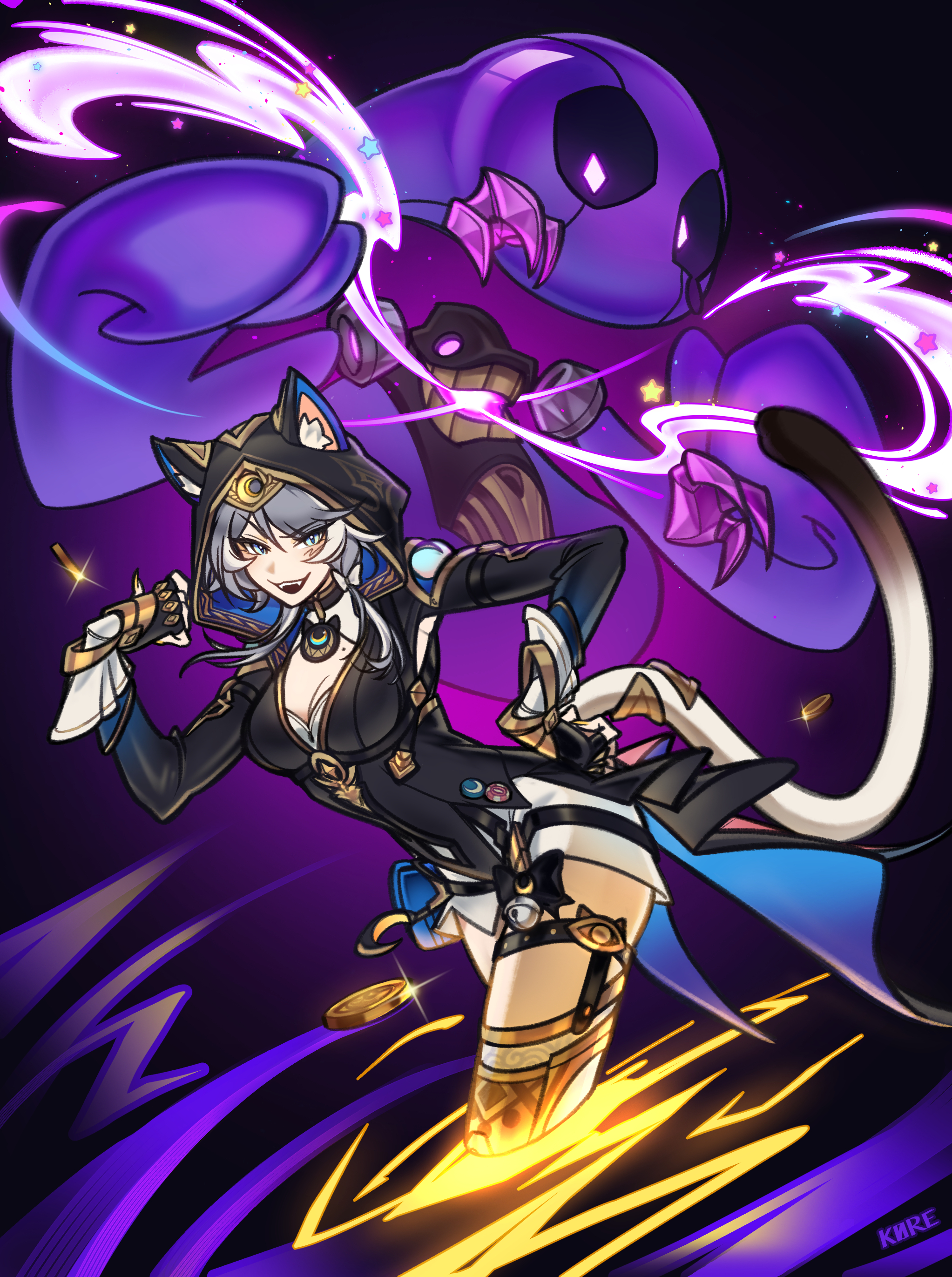 k0re drawings, cipher (honkai: star rail), honkai: star rail, honkai (series), absurdres, character request, commentary, highres, 1girl, animal ear fluff, animal ears, black gloves, blush, breasts, cat ears, cat tail, fangs, fingerless gloves, gloves, grey eyes, grey hair, hand on own hip, hood, hood up, long sleeves, looking at viewer, medium breasts, mole, mole on breast, short hair, shorts, smile, tail, teeth, upper teeth only, white shorts