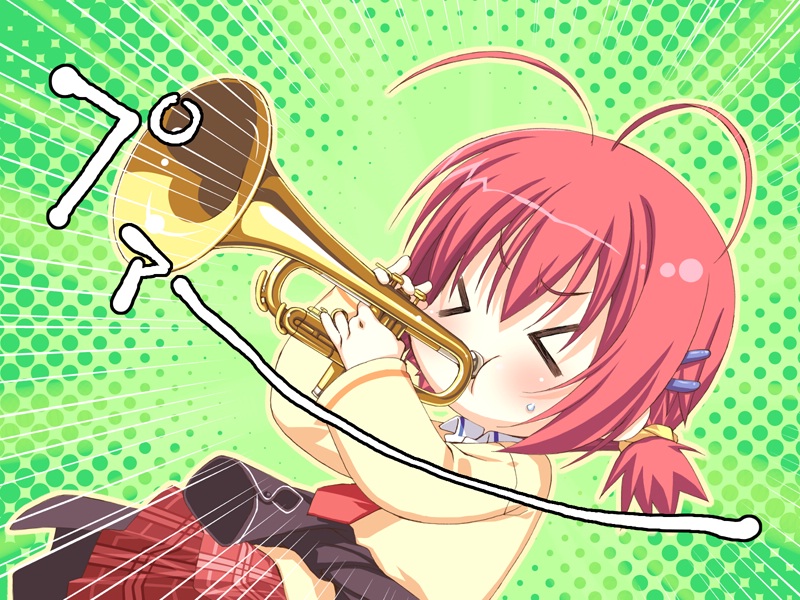 kobuichi, muririn, ebihara minase, bra-ban!, game cg, > <, 1girl, antenna hair, blush, cardigan, closed eyes, clothes around waist, emphasis lines, female focus, hair ornament, hair scrunchie, hairclip, halftone, halftone background, instrument, jacket, jacket around waist, music, plaid clothes, plaid skirt, playing instrument, puffy cheeks, red hair, school uniform, scrunchie, serafuku, short twintails, skirt, solo, sweat, trumpet, twintails