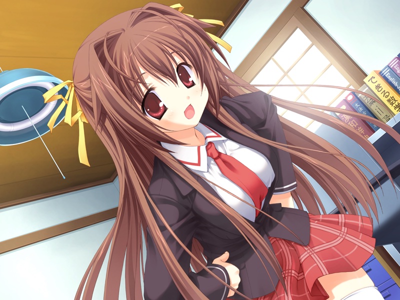 kobuichi, nakanoshima tae, bra-ban!, game cg, 1girl, brown hair, female focus, hair ribbon, hands on own hips, leaning, long hair, looking at viewer, open mouth, red eyes, ribbon, school uniform, serafuku, smile, solo, tareme, thighhighs, zettai ryouiki