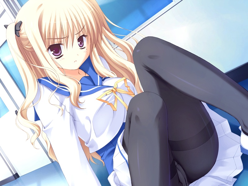 kobuichi, muririn, hibarigaoka yuki, bra-ban!, game cg, 1girl, black pantyhose, blonde hair, blush, crotch seam, female focus, long hair, mole, mole under eye, panties, panties under pantyhose, pantyhose, pantyshot, purple eyes, school, school uniform, serafuku, sitting, skirt, solo, thighband pantyhose, twintails, underwear, upskirt