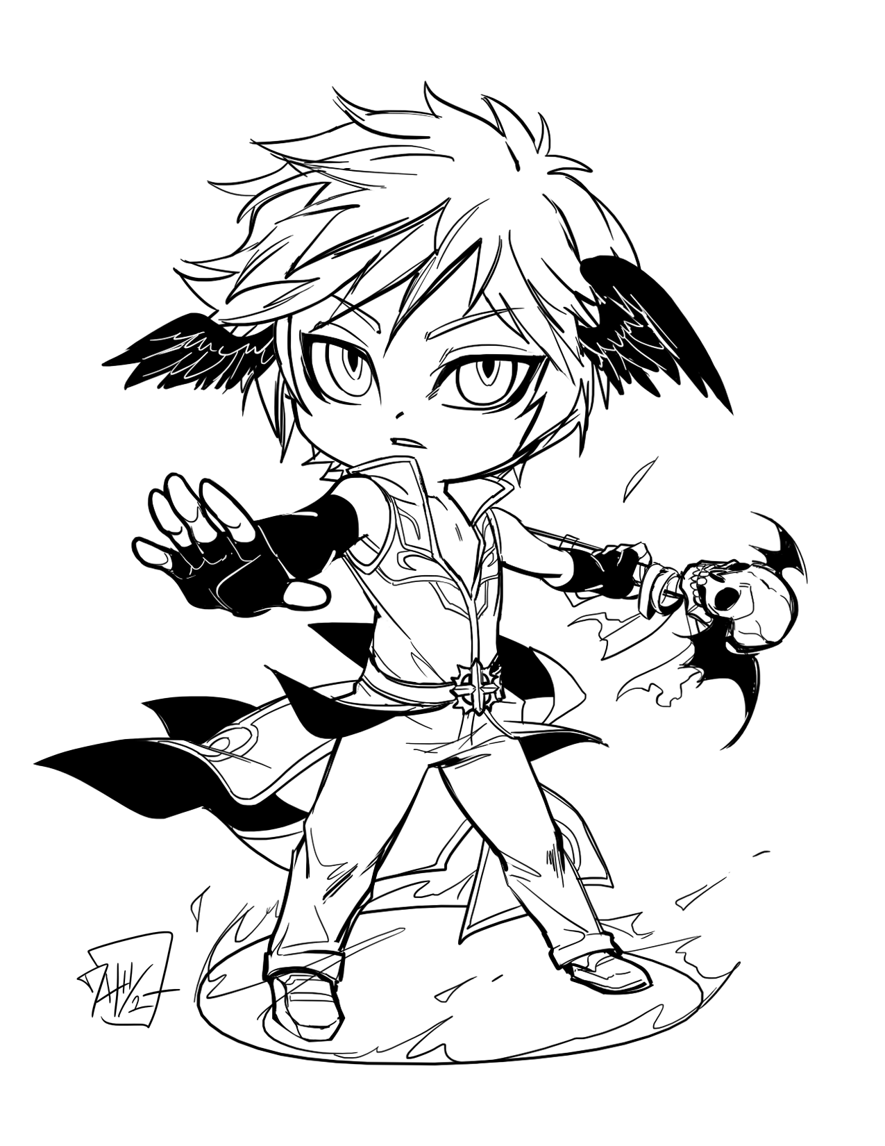 wasabu, priest (ragnarok online), ragnarok online, commentary, commission, english commentary, highres, 1boy, chibi, chibi only, cross of prontera, elbow gloves, feathered wings, fingerless gloves, full body, gloves, greyscale, head wings, holding, holding staff, lineart, looking at viewer, male focus, monochrome, open mouth, pants, shirt, shoes, short hair, skull, sleeveless, sleeveless shirt, solo, staff, standing, v-shaped eyebrows, wings