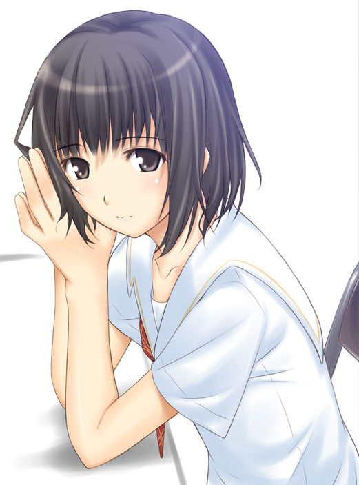 ribucci, shijou mitsuki, kimi kiss, eyebrows, 1girl, black eyes, black hair, blush, chair, closed mouth, collarbone, female focus, long hair, looking at viewer, on chair, own hands together, red ribbon, ribbon, school uniform, serafuku, short hair, short sleeves, sitting, smile, solo, upper body, white background
