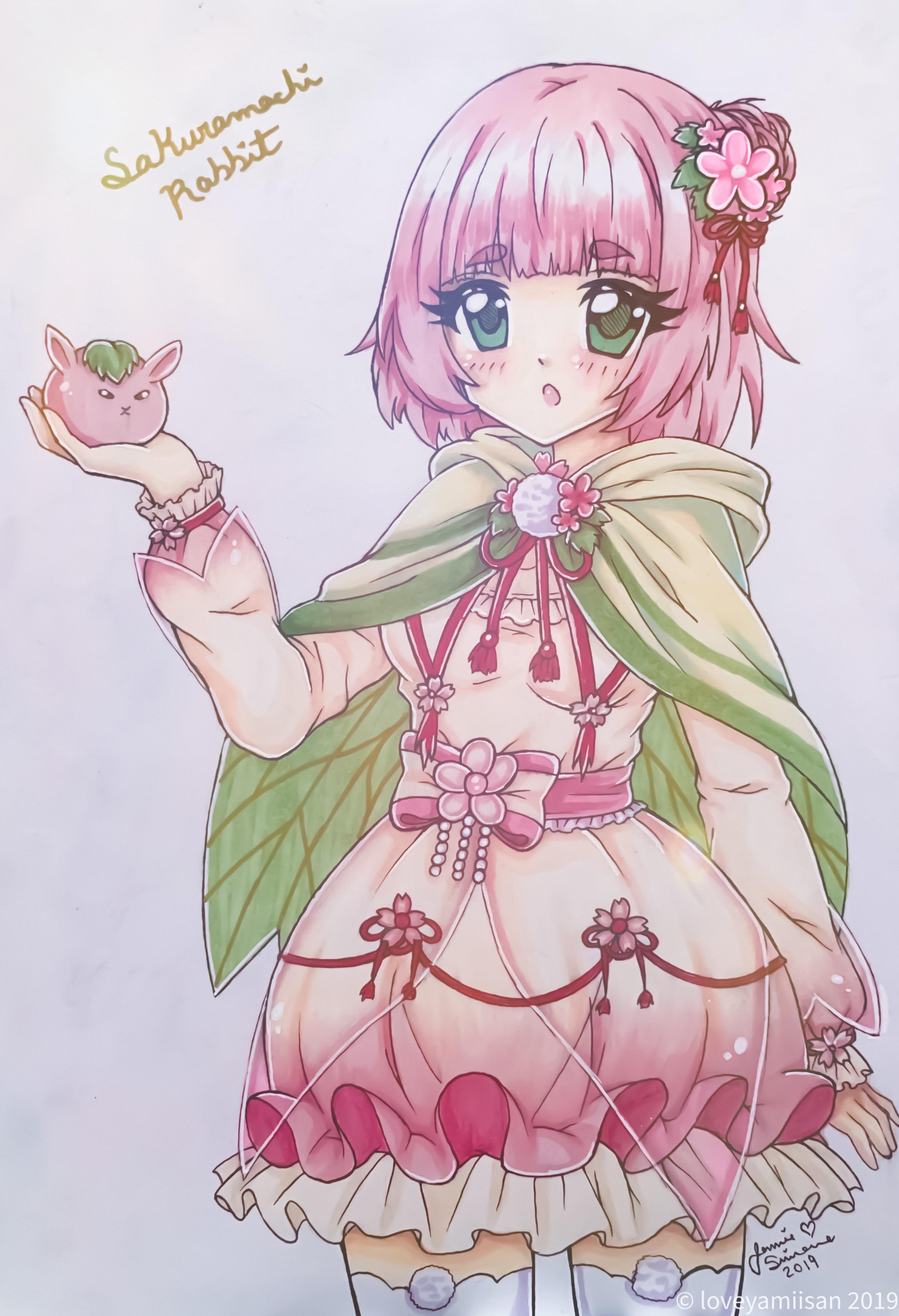 miracle nikki, nikki (series), absurdres, highres, 1girl, :o, animal-themed food, blunt bangs, bow, breasts, brooch, character name, cherry blossoms, cloak, cowboy shot, dot nose, dress, eyelashes, flower, flower brooch, food, food-themed clothes, frilled dress, frilled sleeves, frills, green cloak, green eyes, hair bun, hair flower, hair ornament, hair ribbon, happy, holding, holding food, hood, hood down, hooded cloak, jewelry, leaf print, light blush, long sleeves, looking at food, mochi, neck ribbon, open mouth, pink bow, pink dress, pink flower, pink hair, pom pom (clothes), rabbit, red ribbon, ribbon, sakura mochi, sakuramochi rabbit (miracle nikki), short dress, short hair, single side bun, single stripe, sleeves past wrists, small breasts, solo, standing, striped bow, tareme, thighhighs, wagashi, waist bow, white thighhighs, wrist flower, yamisaan, zettai ryouiki