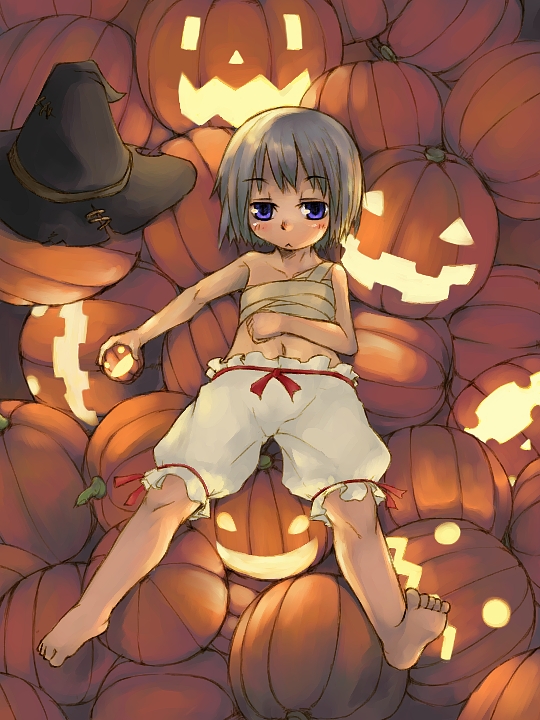 kome (404), konpaku youmu, touhou, 1girl, barefoot, bloomers, feet, female focus, halloween, jack-o'-lantern, pumpkin, sarashi, solo, topless female, underwear, white bloomers