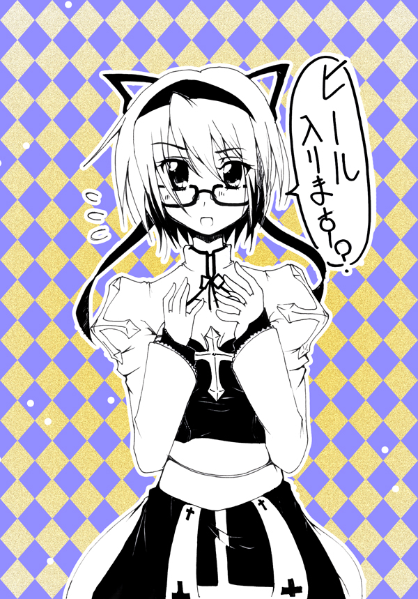 arch bishop (ragnarok online), ragnarok online, commentary request, translation request, 1girl, amane rin (nanafuki), breasts, checkered background, cleavage, cleavage cutout, clothing cutout, cowboy shot, cross, dress, flying sweatdrops, glasses, greyscale with colored background, hair ribbon, hairband, hands up, juliet sleeves, long sleeves, looking at viewer, medium breasts, open mouth, puffy sleeves, ribbon, sash, short hair, solo, two-tone dress