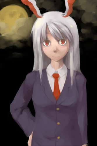 kome (404), reisen udongein inaba, touhou, lowres, 1girl, animal ears, female focus, moon, outdoors, rabbit ears, sky, solo, upper body