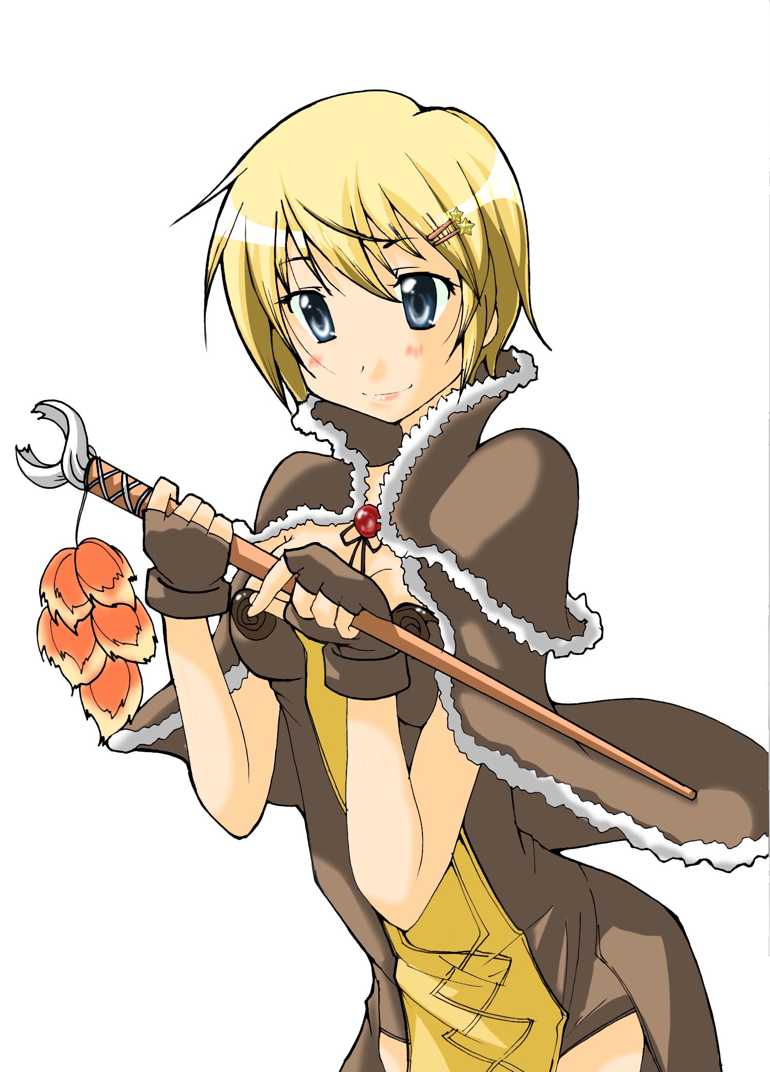 high wizard (ragnarok online), ragnarok: guild masters, ragnarok online, commentary request, highres, 1girl, amane rin (nanafuki), blonde hair, blue eyes, blush, breasts, brown cape, brown dress, brown gloves, cape, cleavage, closed mouth, cowboy shot, dress, fingerless gloves, fur-trimmed cape, fur trim, gloves, hair ornament, hairclip, holding, holding staff, looking at viewer, medium breasts, short dress, short hair, simple background, smile, solo, staff, star (symbol), star hair ornament, white background