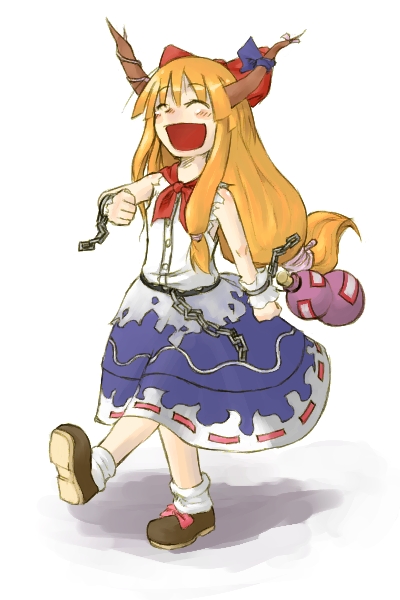 kome (404), ibuki suika, touhou, 1girl, blush, bow, brown shoes, chain, closed eyes, female focus, full body, gourd, hair bow, horns, laughing, long hair, open mouth, orange hair, red bow, red ribbon, ribbon, ribbon trim, shoe soles, shoes, simple background, skirt, sleeveless, socks, solo, walking, white background, white socks, wrist cuffs