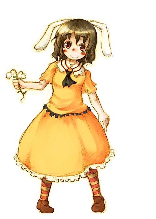 kome (404), inaba tewi, touhou, eyebrows, multicolored legwear, striped legwear, 1girl, animal ears, black hair, blush, brown shoes, female focus, flower, full body, holding, legs apart, looking at viewer, pantyhose, rabbit ears, red eyes, shirt, shoes, short hair, short sleeves, simple background, skirt, skirt set, smile, solo, standing, striped clothes, striped pantyhose, white background, yellow shirt, yellow skirt