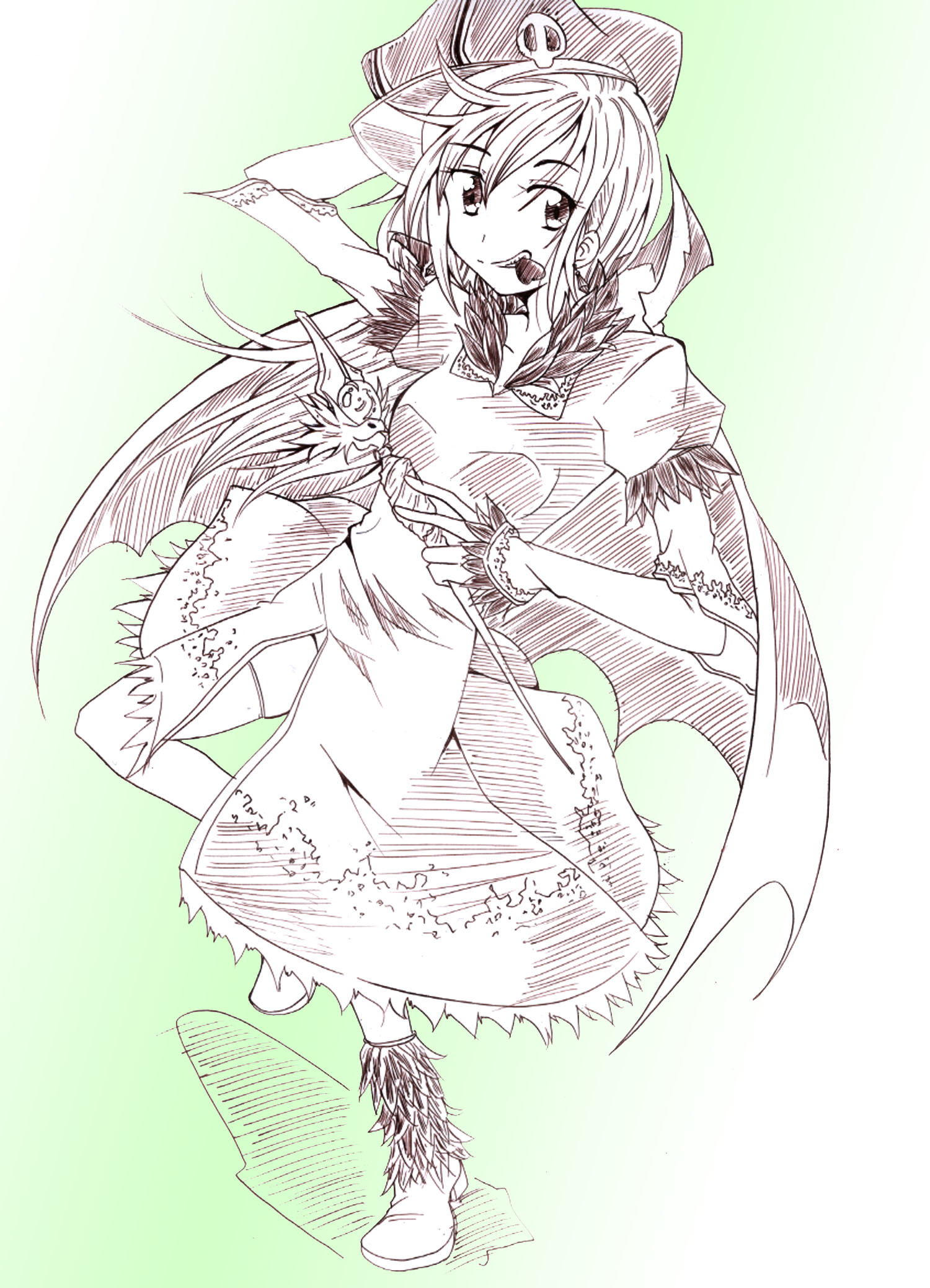 warlock (ragnarok online), ragnarok online, commentary request, highres, 1girl, adapted costume, amane rin (nanafuki), breasts, cape, dress, full body, fur-trimmed sleeves, fur trim, green background, greyscale with colored background, grin, hat, hat ornament, holding, holding wand, layered sleeves, long sleeves, looking at viewer, newsboy cap, puffy short sleeves, puffy sleeves, shoes, short hair, short over long sleeves, short sleeves, skull hat ornament, small breasts, smile, solo, standing, standing on one leg, wand