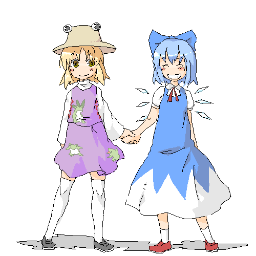 kome (404), cirno, moriya suwako, touhou, lowres, 2girls, blonde hair, bow, female focus, grin, hat, holding hands, multiple girls, oekaki, smile, thighhighs