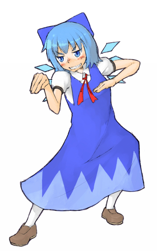 kome (404), cirno, embodiment of scarlet devil, touhou, 1girl, bow, brown shoes, female focus, shoes, simple background, solo, white background