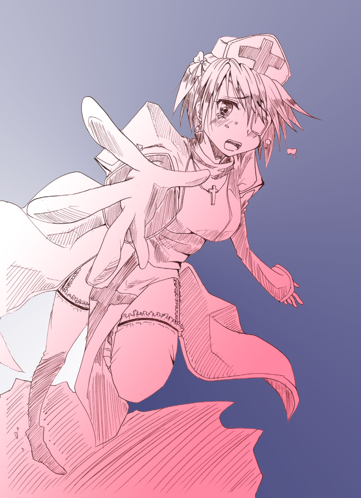 high priest (ragnarok online), ragnarok online, commentary request, highres, 1girl, amane rin (nanafuki), breasts, cross, cross necklace, eyepatch, frilled thighhighs, frills, full body, garter straps, grey background, hat, jewelry, juliet sleeves, long sleeves, looking at viewer, medical eyepatch, medium breasts, monochrome, necklace, nurse cap, open mouth, pelvic curtain, pink theme, puffy sleeves, reaching, reaching towards viewer, short hair, simple background, solo, tearing up, thighhighs