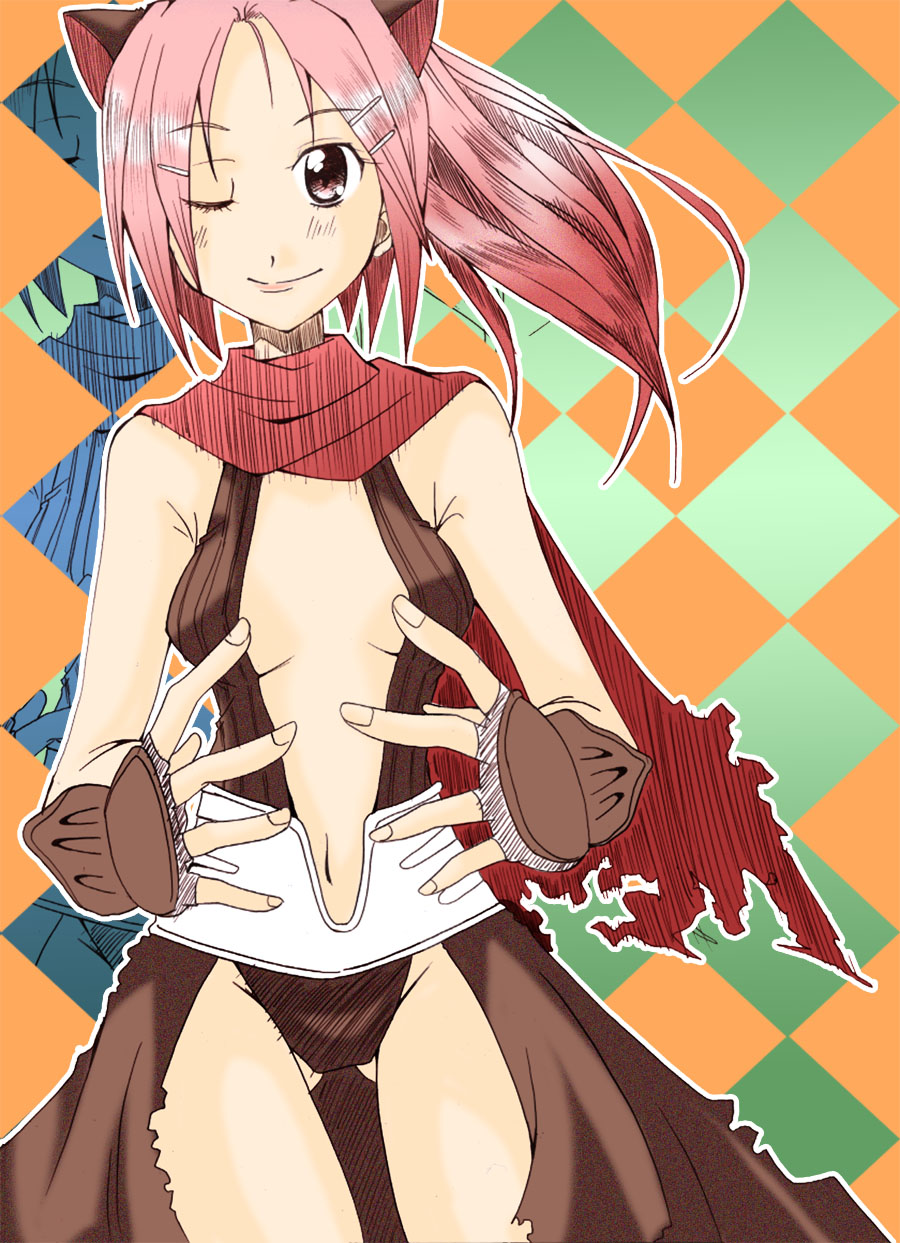 assassin cross (ragnarok online), ragnarok online, commentary request, highres, 1girl, amane rin (nanafuki), breasts, brown cape, brown gloves, brown leotard, cape, checkered background, closed mouth, cowboy shot, fingerless gloves, gloves, hair ornament, hairclip, high ponytail, leotard, long hair, looking at viewer, medium breasts, navel, one eye closed, orange background, parted hair, pink eyes, pink hair, ponytail, red scarf, revealing clothes, scarf, smile, solo, torn clothes, torn scarf, waist cape
