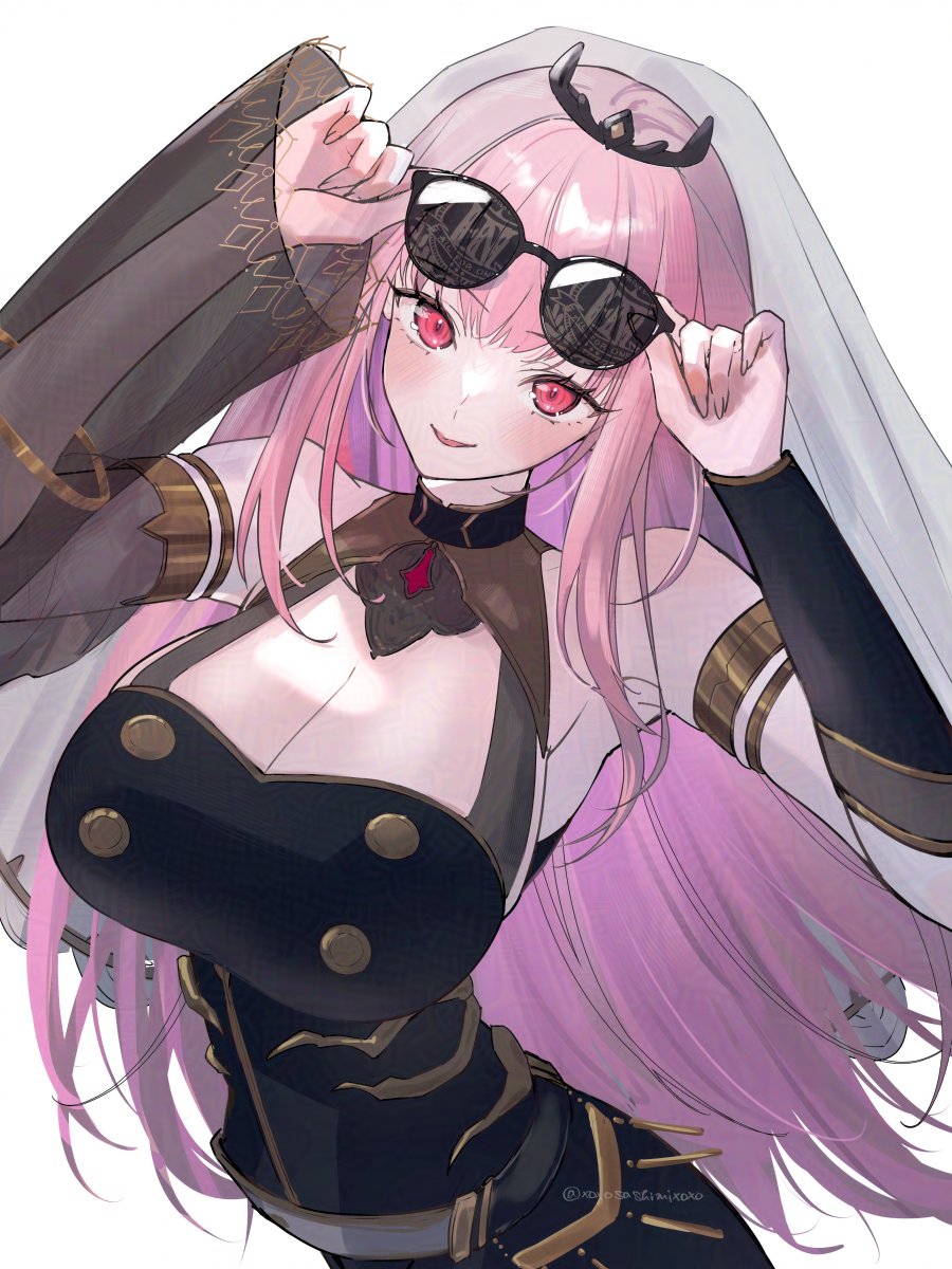 sashimi (xoxosashimixoxo), mori calliope, mori calliope (1st costume), hololive, hololive english, highres, 1girl, black dress, black tiara, blush, bow, bow choker, breasts, choker, cleavage, detached sleeves, dress, eyewear on head, holding, jewelry, large breasts, long hair, looking at viewer, open mouth, pink eyes, pink hair, red eyes, single detached sleeve, smile, solo, sunglasses, tiara, veil, virtual youtuber