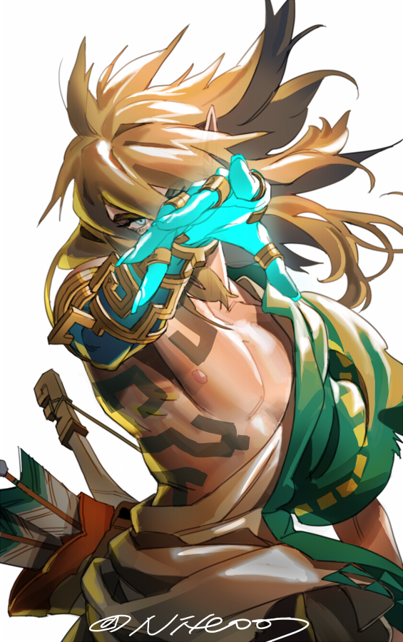 niteo07, link, nintendo, the legend of zelda, the legend of zelda: tears of the kingdom, 1boy, archaic set (zelda), arrow (projectile), bare pectorals, blonde hair, blue eyes, body markings, bow, collarbone, cowboy shot, eyelashes, floating hair, long hair, looking to the side, male focus, outstretched arm, pectorals, pointy ears, prosthesis, prosthetic arm, quiver, robe, sideways glance, solo, twitter username, weapon, weapon on back, white robe