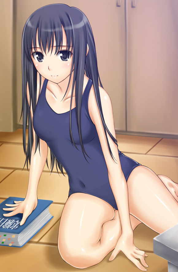 ribucci, futami eriko, kimi kiss, 1girl, barefoot, blue eyes, blue hair, book, female focus, long hair, matching hair/eyes, one-piece swimsuit, school swimsuit, solo, swimsuit