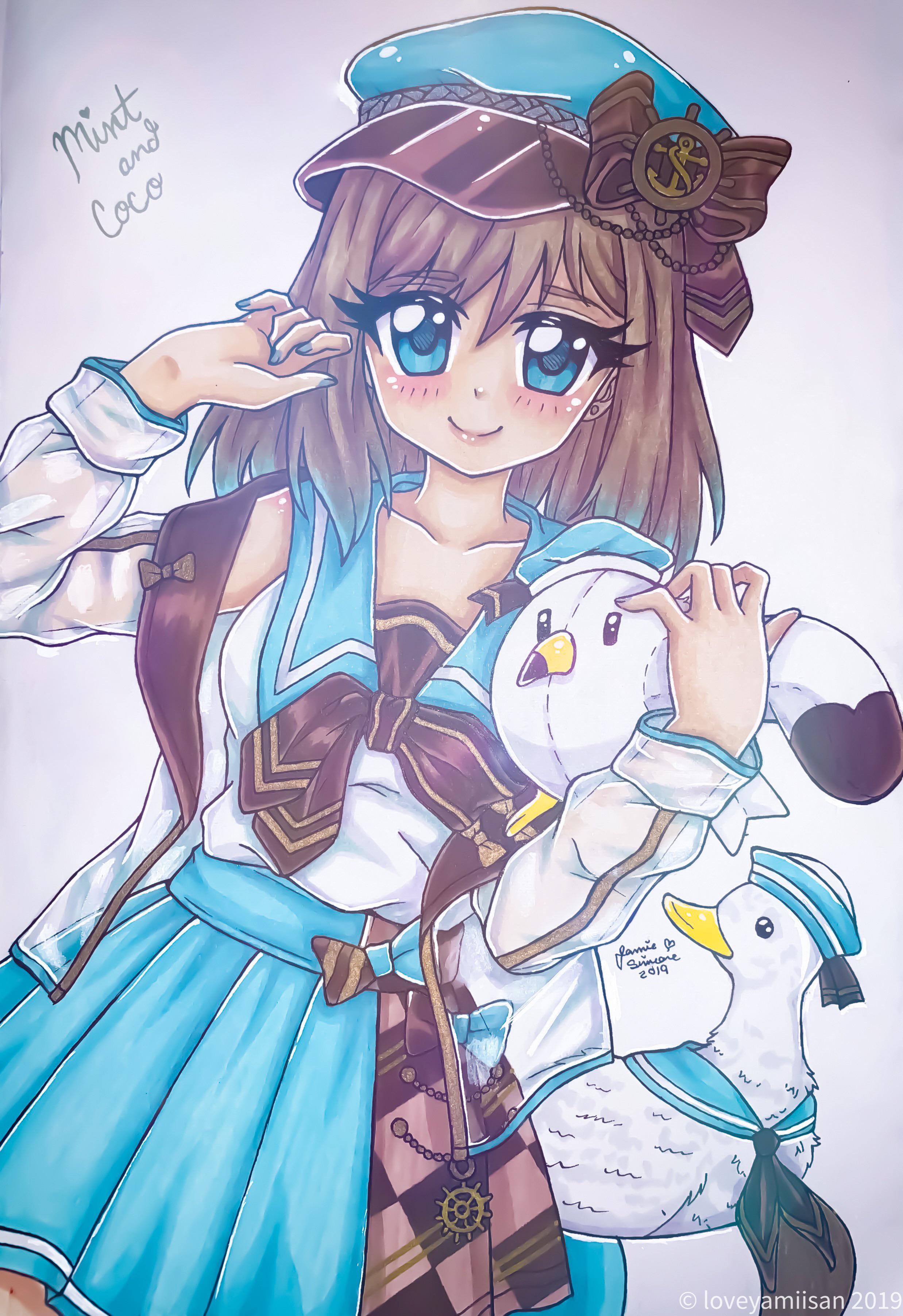 miracle nikki, nikki (series), absurdres, commentary, english commentary, highres, traditional media, 1girl, 2019, animal, bare shoulders, bird, blue bow, blue eyes, blue hat, blue nails, blue sailor collar, blue skirt, bow, bow skirt, brown bow, brown hair, brown neckerchief, character name, closed mouth, clothed animal, collarbone, cowboy shot, dot nose, eyelashes, hair between eyes, hand up, happy, hat, hat bow, high-waist skirt, holding, holding stuffed toy, instagram username, jacket, light blush, lips, long hair, long sleeves, looking at viewer, miniskirt, mint and coco (miracle nikki), nail polish, neckerchief, newsboy cap, open clothes, open jacket, pink lips, pleated skirt, sailor, sailor collar, sailor shirt, seagull, shirt, signature, skirt, sleeveless, sleeveless shirt, smile, solo, standing, striped bow, stuffed animal, stuffed seagull, stuffed toy, two-tone bow, watermark, white jacket, white shirt, yamisaan