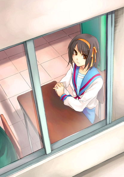 fujimura kyuu, suzumiya haruhi, suzumiya haruhi no yuuutsu, 00s, butajiru, classroom, day, from above, frown, school, school uniform, serafuku, sitting, solo, swept bangs