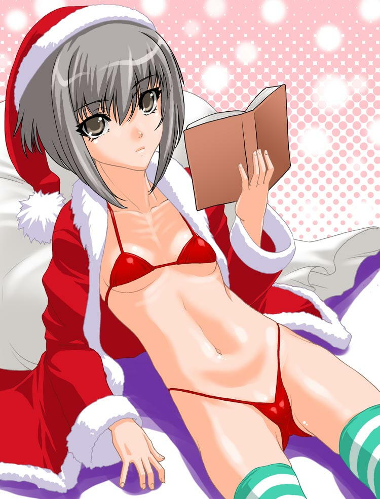 shinama, nagato yuki, suzumiya haruhi no yuuutsu, fur, 00s, 1girl, arm support, bikini, book, christmas, collarbone, cropped legs, female focus, grey eyes, grey hair, hat, holding, holding book, long sleeves, looking at viewer, navel, open book, open clothes, reclining, red bikini, red hat, santa bikini, santa costume, santa hat, shadow, short hair, skindentation, solo, striped clothes, striped thighhighs, swimsuit, thighhighs
