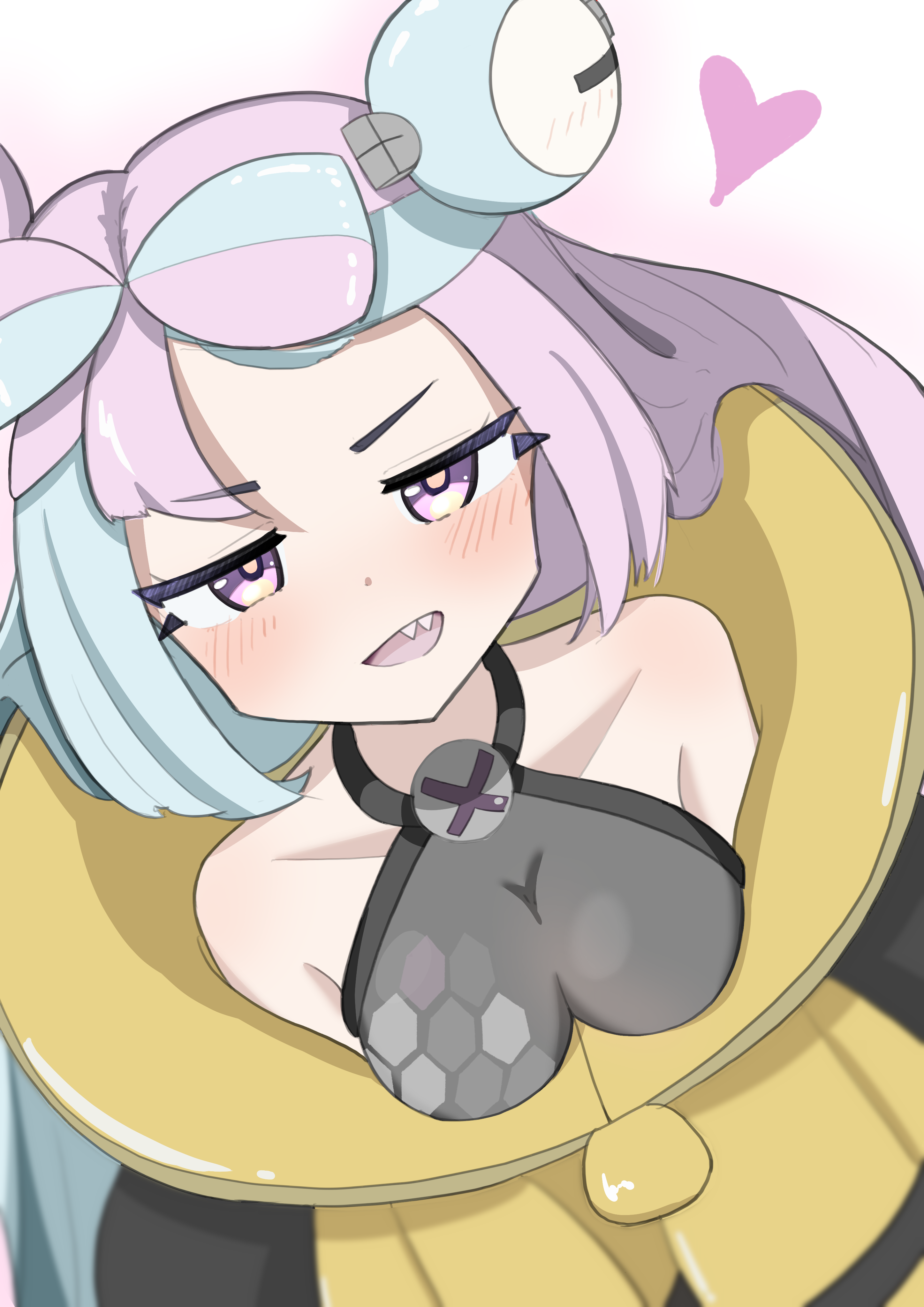 iono (pokemon), nintendo, pokemon, pokemon sv, absurdres, highres, 1girl, blue hair, bow-shaped hair, character hair ornament, fake hair bun, grey pantyhose, hair ornament, halter shirt, halterneck, heart, hexagon print, jacket, multicolored hair, oversized clothes, pantyhose, pink eyes, pink hair, sharp teeth, simple background, single leg pantyhose, sleeves past fingers, sleeves past wrists, split-color hair, teeth, two-tone hair, very long sleeves, white background, x (symbol), yellow jacket
